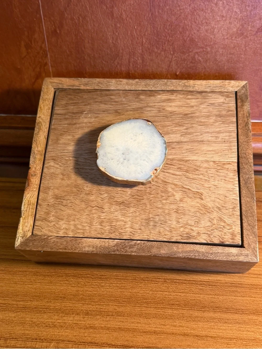 Pier 1 Decorative Wood Box Agate Slice Knob Jewelry Trinket Box Made in India